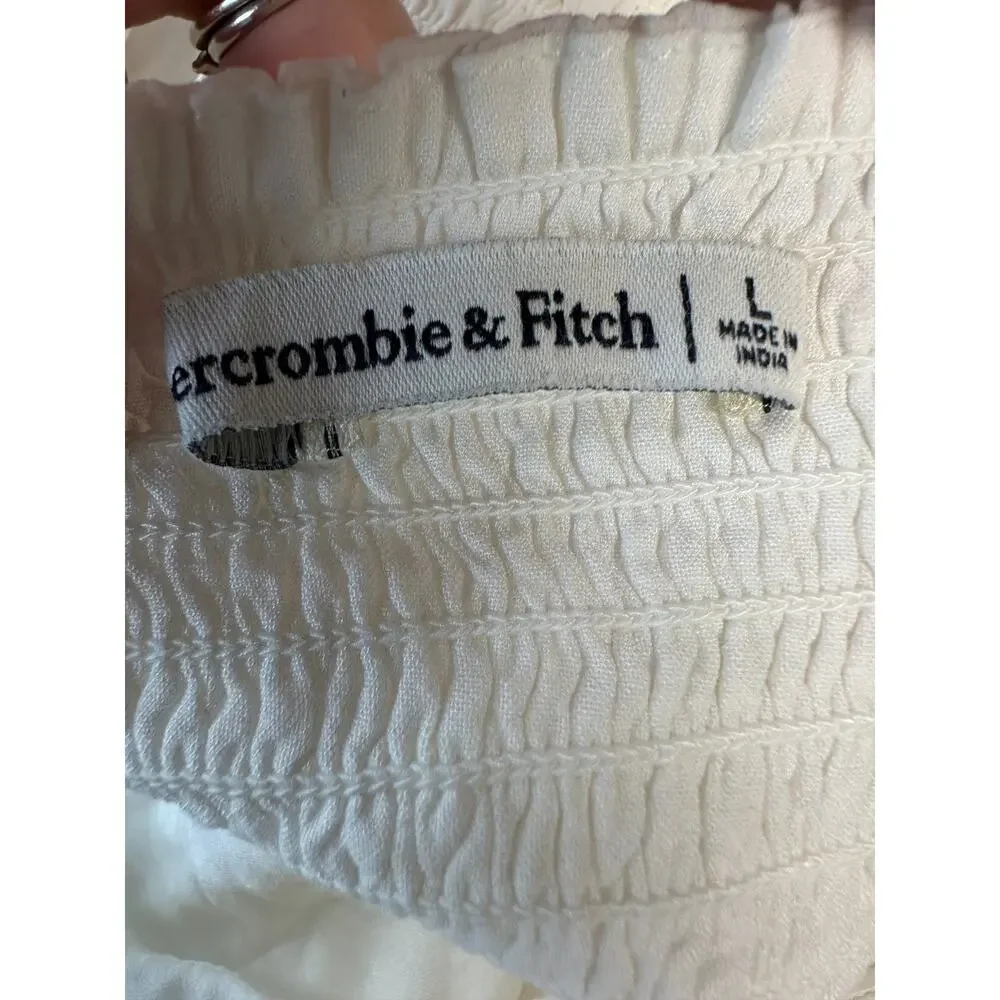 Abercrombie & Fitch White Ruched Puff Sleeve Crop Blouse L Romantic Peasant Top